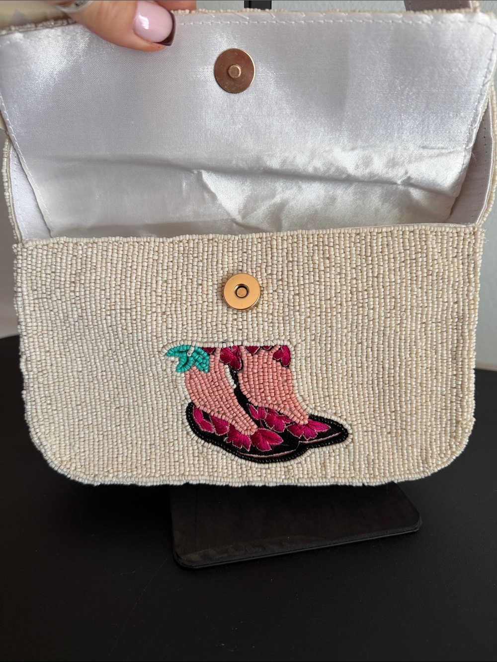 SOL and MĒR | Cowgirl Western Chic Pink Boot/Floral Beaded Shoulder Bag - Picture 9 of 14